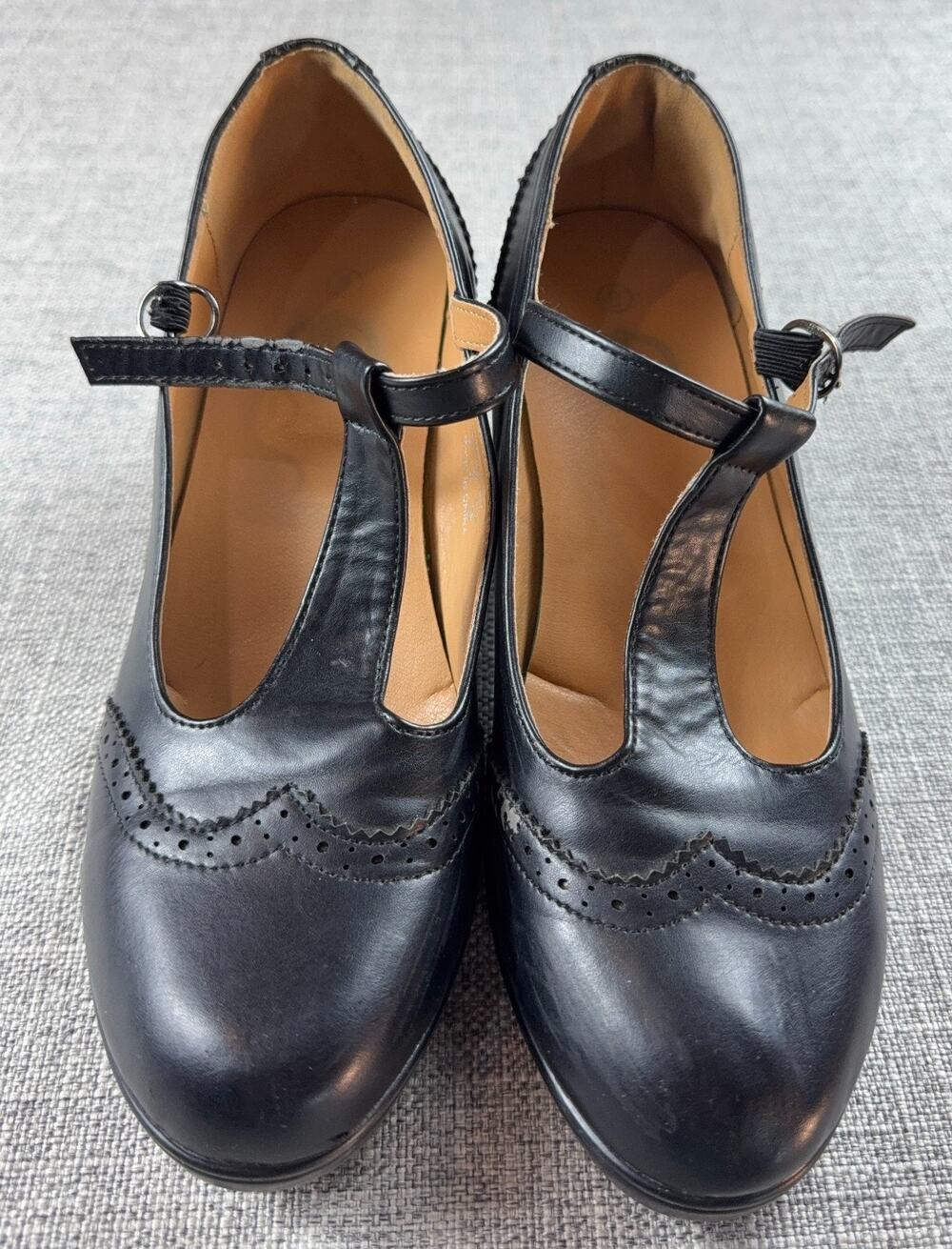 Trary Black Leather T Strap Mary Jane Pumps Womens 8 Brogue Block Heel Gothic